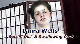 Laura Wells gives an average Joe a sloppy blowjob and swallows his cum