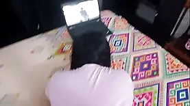 Teen girl receives spanking and facial from stepfather while playing on the computer