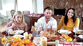 Blonde vs. brunette in a steamy competition for Thanksgiving creampie