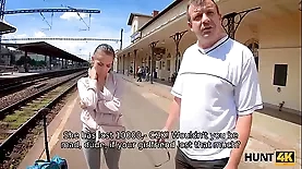 Young woman Nicole Love exchanges oral sex for money with a man at a train station